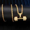 Iced ut bling rhinestone rep kedja halsband barbell gym fitness hantel guld färg hand pendlar halsband för män smycken