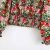 Boho Floral Print Womens Tops en Blouses Puff Sleeve Hollow Out Shirt Elastische Taille Holiday Blouse Top Camisas Mujer 210515