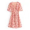 Retro Floral Print Dress Summer V Neck Short Sleeve Elegant A Line Women Bandage Casual Mini es Lady Vestidos 210515