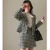 Jesień Zima Tweed Wełna 2 Sztuka Zestaw Kobiety Houndstooth Plaid Spódnica Kobieta Blazer Kurtka Płaszcz + Bodycon Garnitur 210529