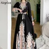 Neploe Vintage Court Style Print Holiday Dress Women High Waist Hip Sashes A Line Vestidos Summer 2021 New Long Sleeve Robe Y0823
