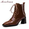 Meotina Short Boots Women Shoes Genuine Leather Thick Heels Ankle Boots Square Toe Lace Up Zip High Heel Lady Boots Autumn Brown 210608