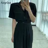 Work Style Ol 2 Pcs Women Set Turn Down Collar Short Sleeve Single Breast Shirt + High Waist Hip Straight Pant Black Suit 210422