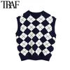 Mulheres Moda Inglaterra Estilo Argyle Pattern Tricotado Vest Sweater Vintage Sem Mangas Loose Feminino Waistcoat Chique Top 210507