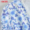 Tangada Mode Kvinnor Lace Patchwork Blå Blommor Print Dress V Neck Långärmad Ladies Mini Dress Vestidos SY173 210609