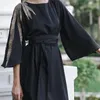 Sıradan Elbiseler Kadın Müslüman 3/4 Flare Sleep Saten Maksi Elbise Vintage Nakış Aplike Patchwork İslami Abya Robe Belted High Bel