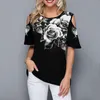 Lato Przyjazdy Kobiety Moda Casual Topy O-Neck Bez Ramiączek Ramię Krótki Rękaw Drukuj Loose T-Shirt Kobiet Plus Rozmiar 210517