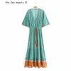 Abito Boho stampato a vita alta da donna Primavera Estate Vintage scollo a V Vacanza al mare Pavimento lungo 210514