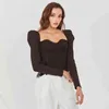 Maglione sottile per donne colletto quadrato manica lunga minimalista corto top femminile moda abbigliamento caduta 210524