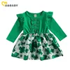 1-4Y Infant Toddler Kid Neonate Dress Green Clover Print Abiti da festa a maniche lunghe Costumi 210515