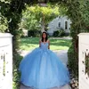 Цветочные шариковые платья Quinceanera выпускные платья Аппликация возлюбленные неба голубой тюль Brithday Party Princess Sweet 15 16 платье