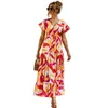 BOHOプリントVネックフリル半袖ドレス女性カジュアルストリートウェアビーチルースビッグスイング包帯パーティーエレガントなロングドレス210608