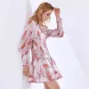 TWOTWINSTYLE Elegant Printed Floral Dress Female Stand Collar Long Sleeve High Waist Dresses Women Fashion Clothing 210517