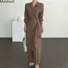 Korean Stylish Asymmetrical Pleated Long Dress Women Notched Collar Full Sleeve Dresses Office Fashion Ladies Vestidos Femme 210513