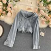 All-match Vintage High Waist Casual Autumn Long Sleeve Hooded Cropped Denim Jacket Clothing Fashion Tops Jeans Coat Streetwear 210610