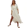 Tek Göğüslü Turn-down Yaka Cep Beyaz Tunik Plaj Elbise Yaz Yan Bölünmüş Pamuk Brezilyalı Mayo Kadın Kapak-UPS 210604