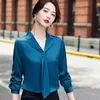 Navy Blue Shirt Women Fashion V Neck Design Spring Long Sleeve Casual Satin Blouses Office Ladies Formal Work Loose Top 210604