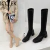 Womens Laarzen Winter Dikke Hak Bodem Lange Katoen Hoge Hak Sneeuw Rits Knie-High Fashion Hot Classic Sexy Wild Botas Mujer Y0914