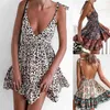 Summer Women Dress Sexy Spaghetti Strip Deep V-Neck Backless Party Leopard Drukuj Boho Ruffled Beach Es Vestidos 210517