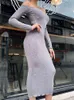 Kliou Geribbelde Gebreide Maxi Jurk Dames Herftst Flocking Elegant Classy Populair Casual Cobe Schede Slanke Slash Neck Vrouw Draag Y1204