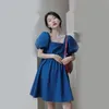 Koreanische Sommermode Elegante Lässige Persönlichkeit Einfarbig Kurzarm Schwarz Rüschen Kleid Frauen 16F1149 210510