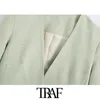 Traf女性のファッションオフィスの着用シングルボタンブレザーコートヴィンテージVネック長袖ポケット女性の上着シックトップス210415