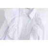 Stylish Chic White Hollow Out Ruffles Short Blouse Women Fashion Turn-down Collar Tops Elegant Ladies Buttons Shirts 210520