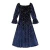 Donna Vintage Blu Navy Colletto Quadrato Fiocco Manica Lunga Velluto Stampa A-line Midi Sera Paty Drees D2191 210514