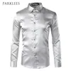 Silk Shirt Men Satin Smooth Men Solid Tuxedo Shirt Business Chemise Homme Casual Slim Fit Shiny Gold Wedding Dress Shirts T200801