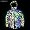 Lönnlöv regnbåge reflekterande hooded jacka män vinter reflekterande vadderade kappa varma jackor manliga fluorescerande outwear 210522