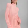 Spotltwm Bomull Casual Kvinnor Stickad Två Piece Sets Ladies Slim Outfits Solid Striped Turtleneck Tröja och elastiska byxa Suits 210925