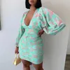 Elegant Fashion Women Slim Fit Sexy Plunge Bodycon Mini Dress Female Puff Sleeve Floral Bodycon Party Dress 210716