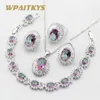 Silver Color Bridal Jewelry Sets For Women Multicolor Rainbow Crystal Necklace Pendant Bracelets Earrings Rings Free Gift Box H1022