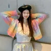 Nomikuma Rainbow Tie Dye Kvinnor Kort Strikkad Cardigan Causal Långärmad V-Neck Sweater Coat Koreanska Knitwear Jacket 6d456 210427