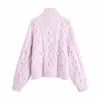 Casual Woman Purple Furry Ball Sweater Fashion Ladies Autumn Soft Mock Neck Knitwear Female Sweet Solid Color Knit Top 210515