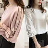 Plus Größe Chiffon-Shirt weibliche Blusa Perlen Tops Frühling langärmelige einfarbige Frauen Bluse Frauen Kleidung 210419