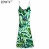 Vrouwen tropische groene bladeren print innerlijke sling jurk vrouwelijke spaghetti riem kant gespleten vestidos chique zomer jurken DS8278 210416