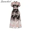 Runway Designer Flower Embroidery Sequined Mesh Lace Summer Women Short Sleeve Layer Cake Long Party Wedding Dress 210416