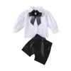 Meisjes kleding lente kinderen mode bladerdeeg mouw wit shirt + lederen broek set gratis strik en riem 4 stuks meisje 210515