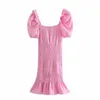 Za Sommar Linen Ruffle Mini Rosa Klänning Kvinnor Kort Puff Sleeve V Nacke Smocking Elastic Party Dresses Woman Chic Beach Dress 210602