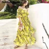 スラッシュカラーイエロープリーツドレス女性夏のビーチフリル花柄のプリントマキシ女性滑走路デザイン自己vestido 210603