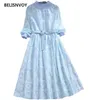 Vrouwen chiffon jacquard midi jurk lente herfst vintage vrouwelijke lantaarn mouw met riem gegolfde jurken elegante partij vestidos 210520
