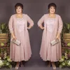 Light Pink Chiffon Mother of the Bride Dresses Elegant Lace Appliqued 3 4 Sleeve Groom Pantsuit With Jacket 2 Pieces Plus Size279z