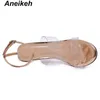 Aneikeh 2022 Classic PVC Sandals Women Transparent Heel Wedges High Heels Shoes Round Toe Summer Buckle Strap Black Champagne 40 Y220209