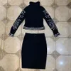 Conjunto de vestido de vendaje negro para mujer elegante solapa de manga larga chaqueta con cuentas de perlas falda ajustada de dos piezas 210524