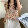 Aelegangtmis Backless Sweet Orange Print Lös T-shirts Kvinnor O Neck Lantern Sleeve Kawaii Ees Sommar Koreansk Chic Lady 210607