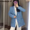 Tweed Женщины Элегантные Blue Blazers Мода Дамы Винтажные Свободные Блейзер Куртки Повседневные Женские Уличные Костюмы 210521