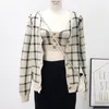 Streetwear Percalle scozzese Crop Top e cardigan Abiti Harajuku lavorato a maglia a due pezzi Set donna Abiti maglione maglione 210514