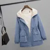 Vinter Mode Solid Parka Jacka Kvinnor Casual Hooded Plus Velvet Tjock kappa Streetwear Drawtring Pocket Loose Warm Trench 210507