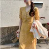 S-XL Summer v neck yellow dress Casual Boho OL chiffon print short Sleeve Women Dresses Female Dress Robe Vestido 210423